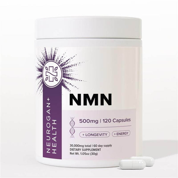 Neurogan Health NMN Capsules 500MG in a white bottle with clear capsules, dietary supplement for anti-aging and energy support.