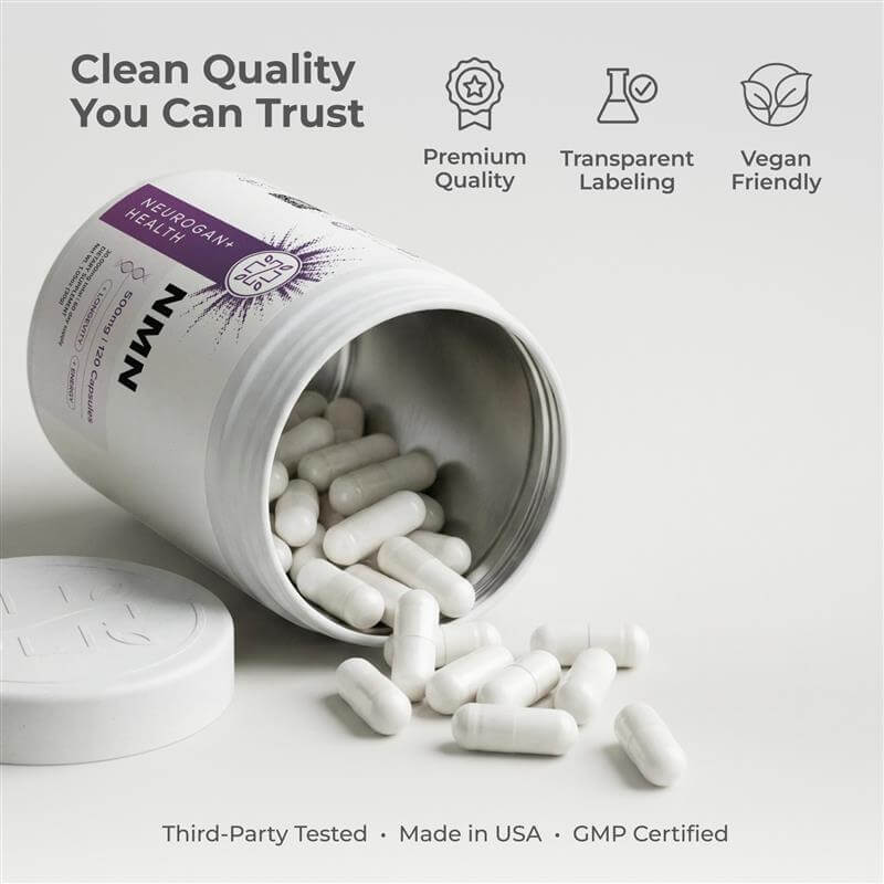 Neurogan Health NMN Capsules 500MG bottles with certificates, showing dietary supplement capsules on a white background.