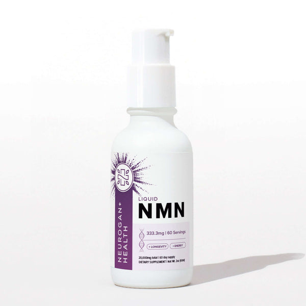Neurogan Health NMN Drops bottle with dropper, close-up of supplement packaging and label, vitamins and supplements product.