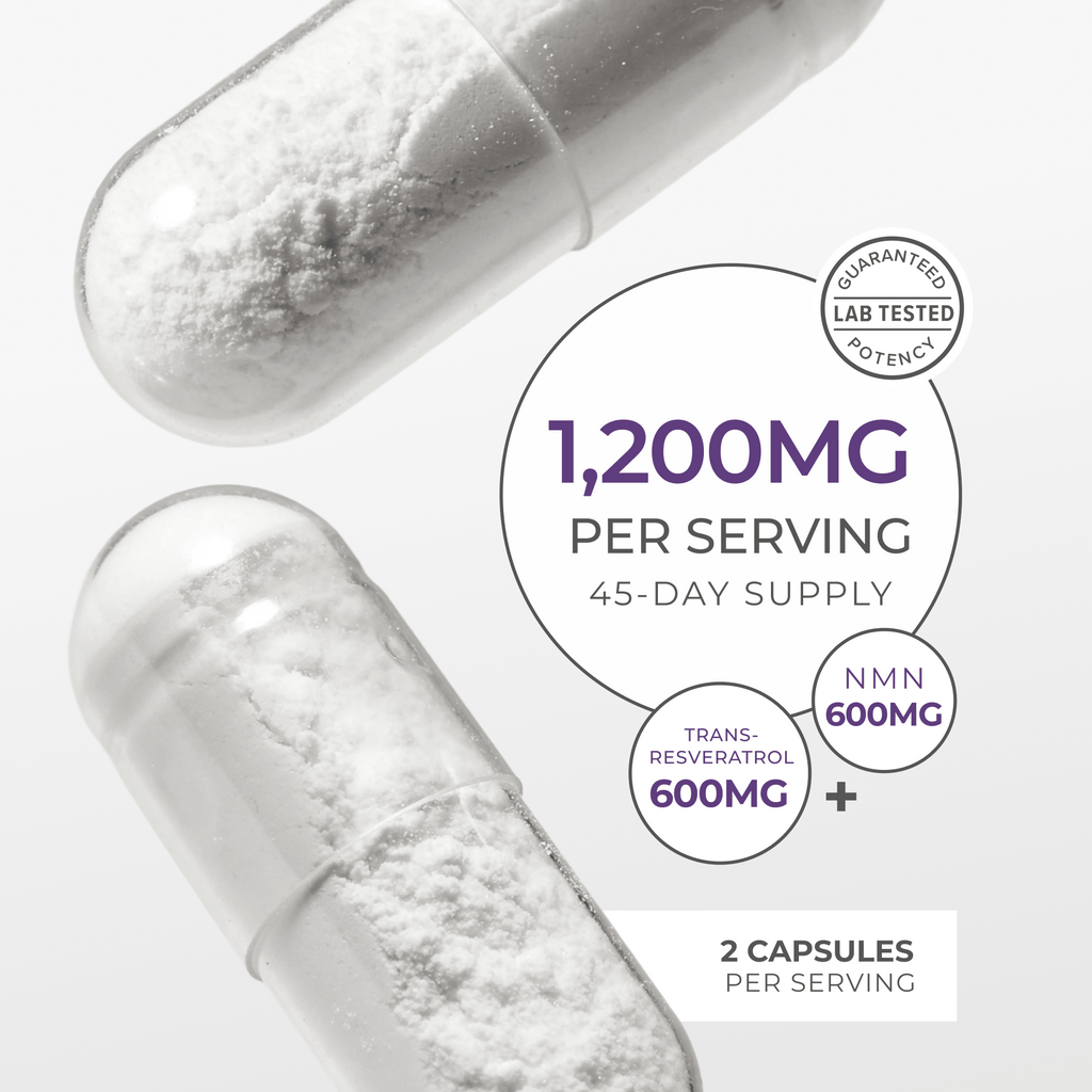 Neurogan Health NMN and Resveratrol capsules showing dosage labels, supplement bottles with blue and white packaging.