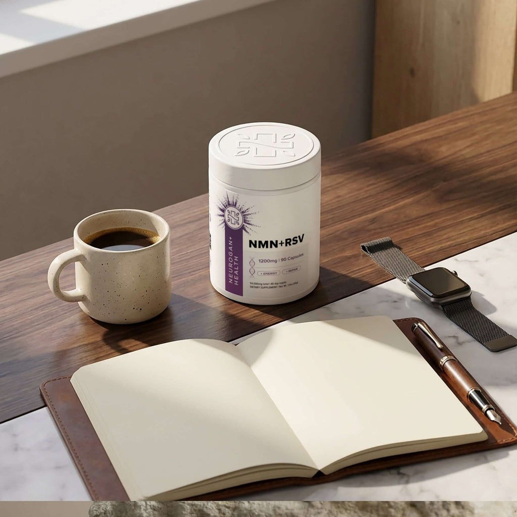 Neurogan Health NMN and Resveratrol capsules in a bottle, displayed on a clean white background for vitamins and supplements.