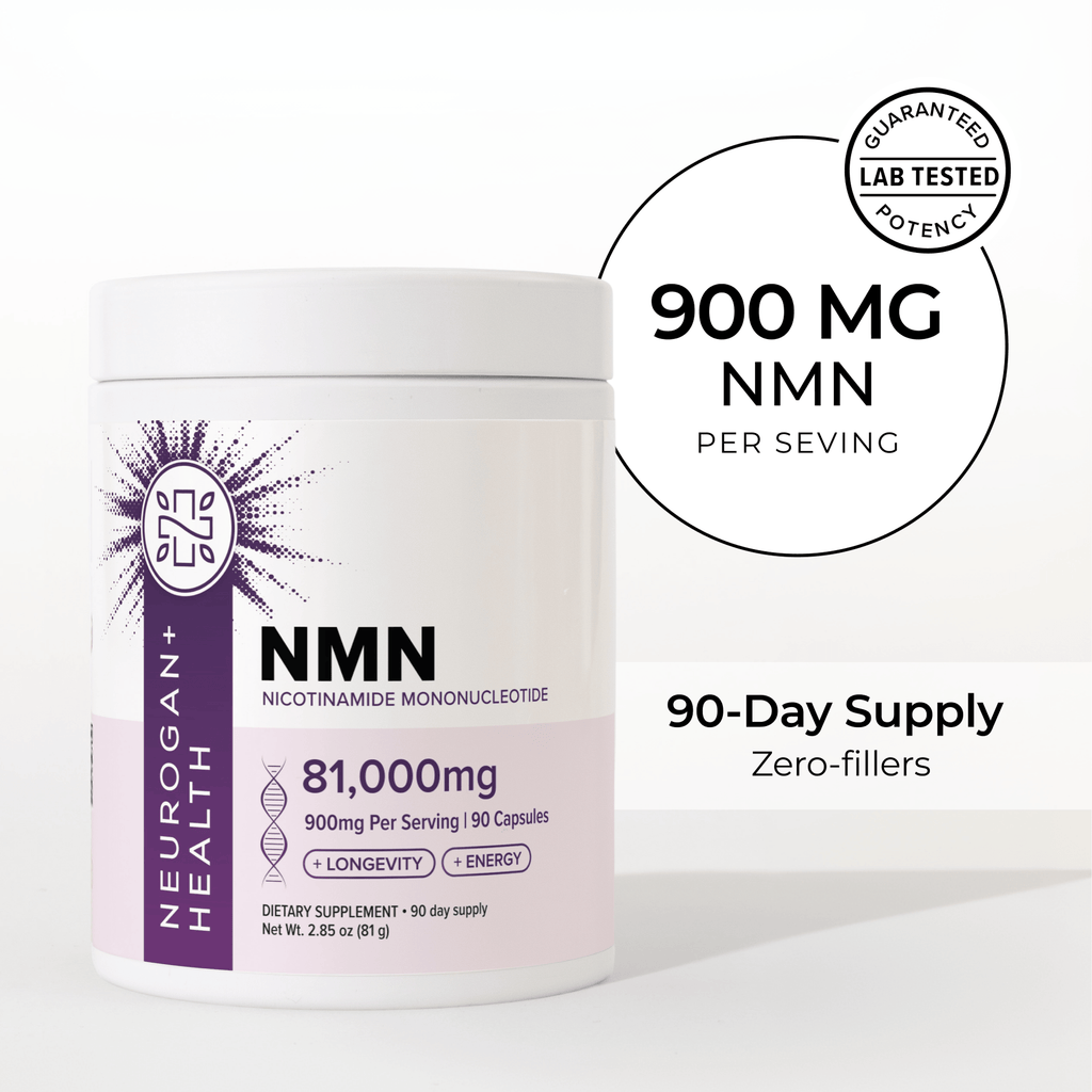 Neurogan Health NMN capsules with 900mg of concentration, showing beige capsules arranged in a bottle for vitamins and supplements.