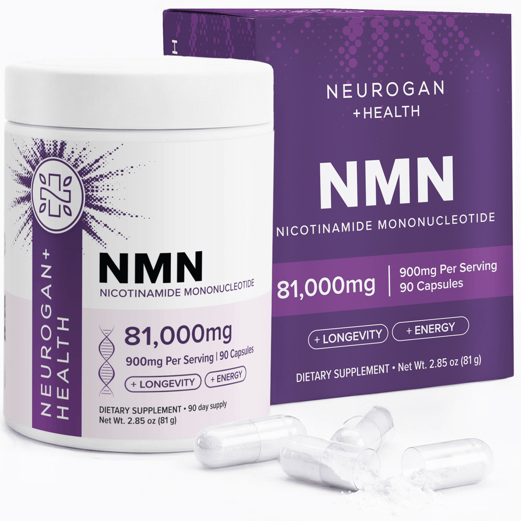 Neurogan Health NMN Capsules 900mg in a white jar and box, dietary supplement for energy and anti-aging support.