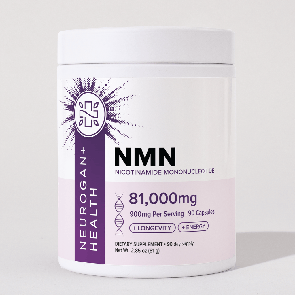 Neurogan Health NMN capsules 900mg bottle showing white capsules and label for vitamins and supplements.