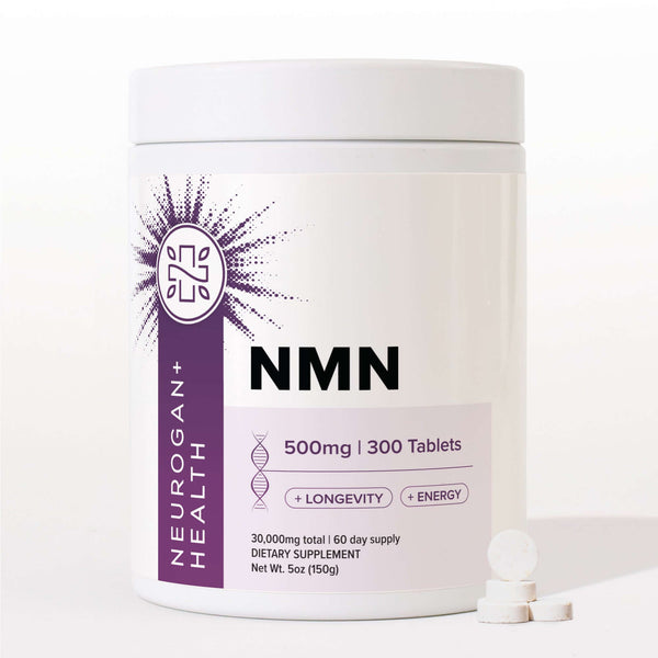 Neurogan Health NMN tablets, vitamins and supplements, shown in a bottle with several tablets visible inside.