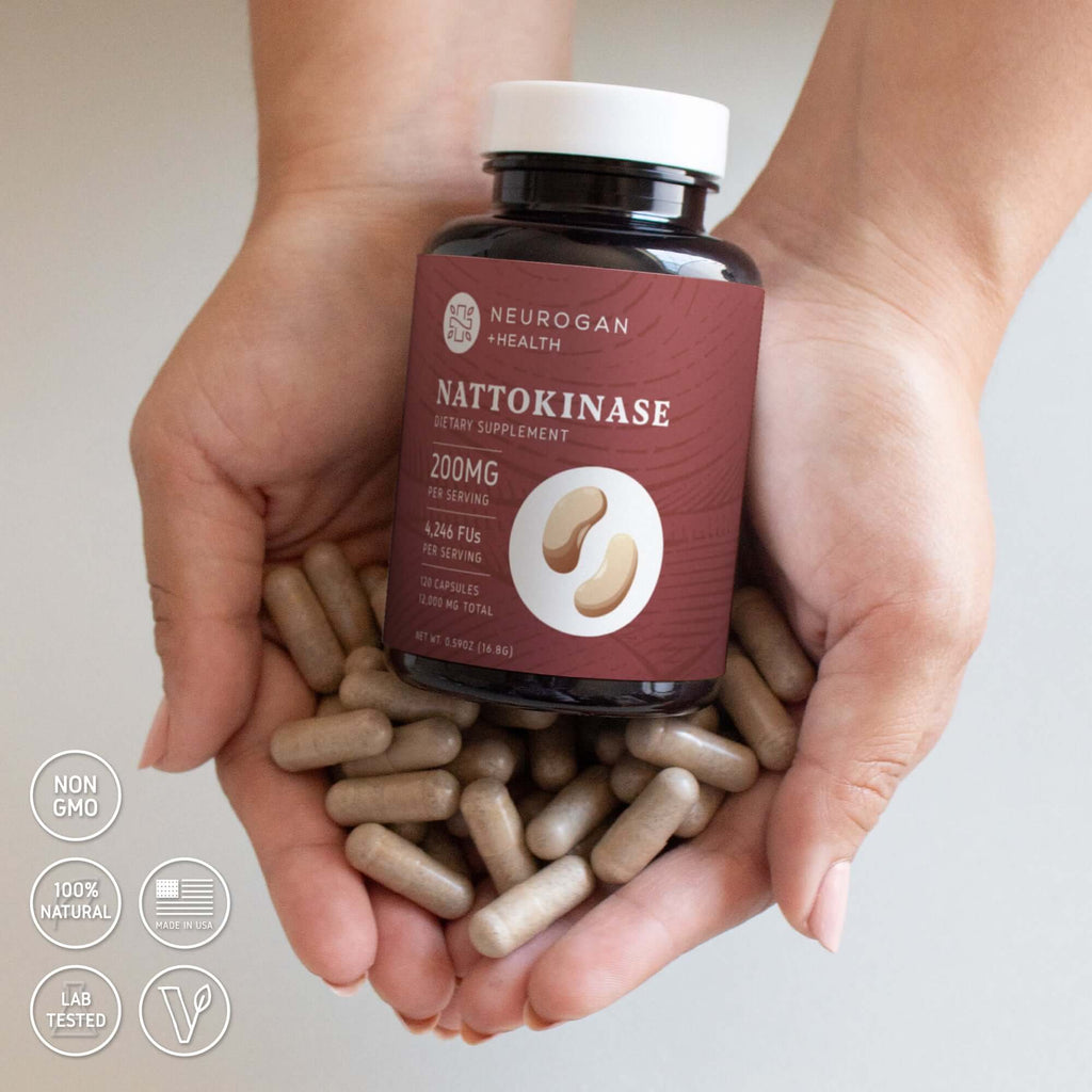 Neurogan Health nattokinase capsules in a bottle with a health-themed background, showing dietary supplement capsules for wellness.