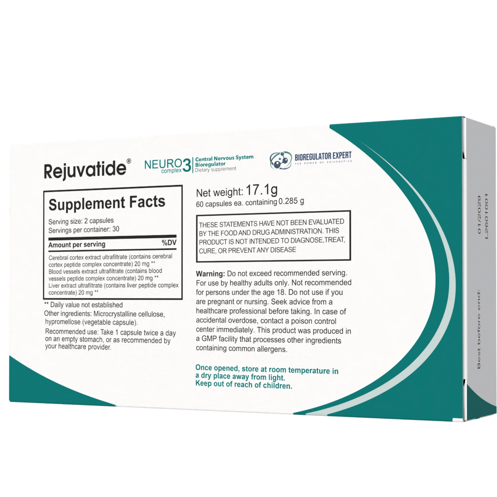 Neuro Complex bioregulator capsules by Integrative Peptides, showing a bottle of 60 capsules and the Neuro-Back product label.