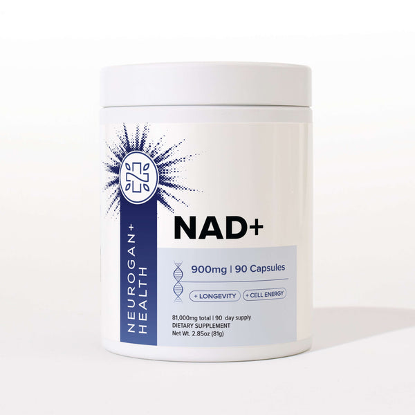 Neurogan Health NAD+ capsules in a bottle, showing 900mg dosage, dietary supplement for energy and cellular health.