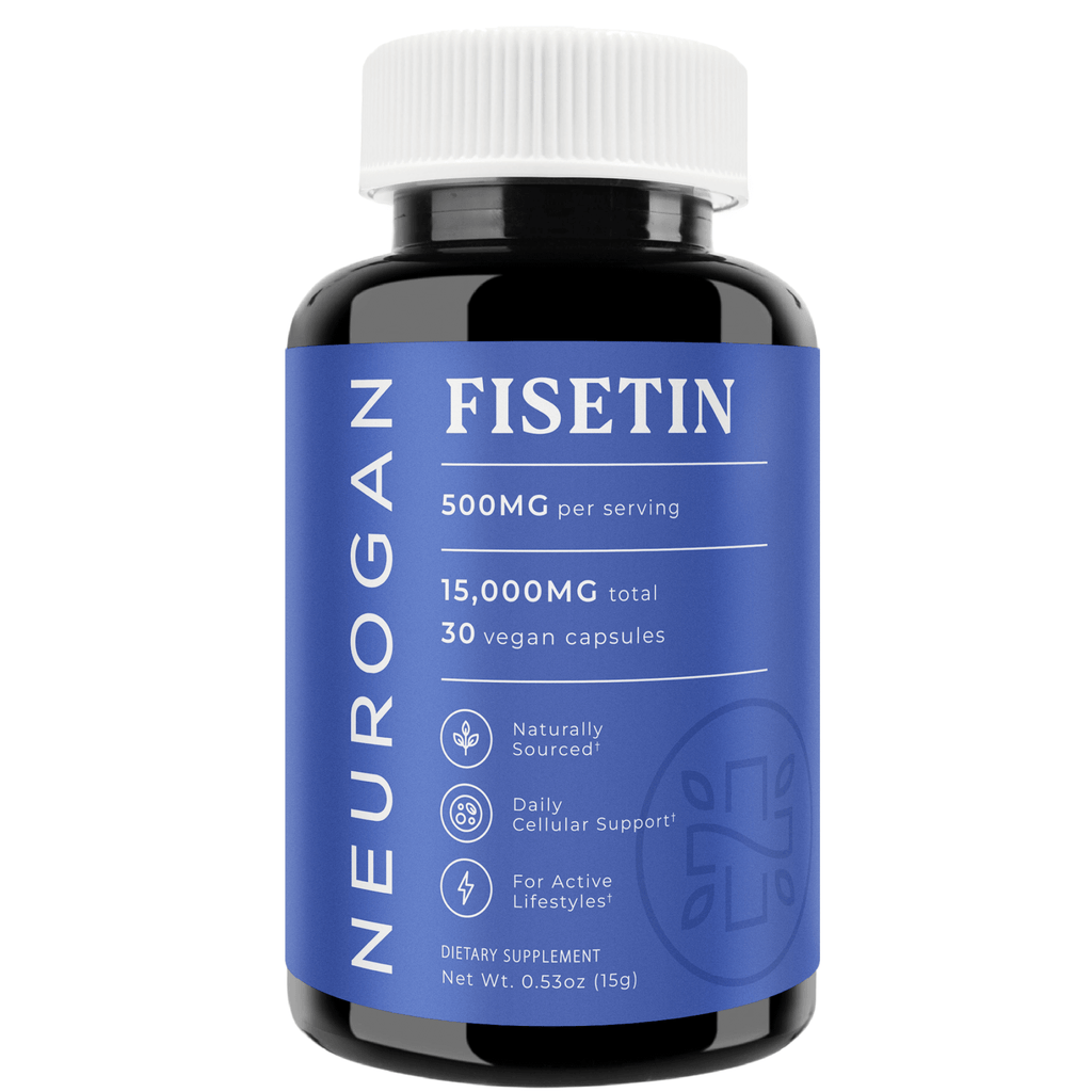 Neurogan Health Fisetin capsules in a bottle, dietary supplement for supporting brain health and aging.