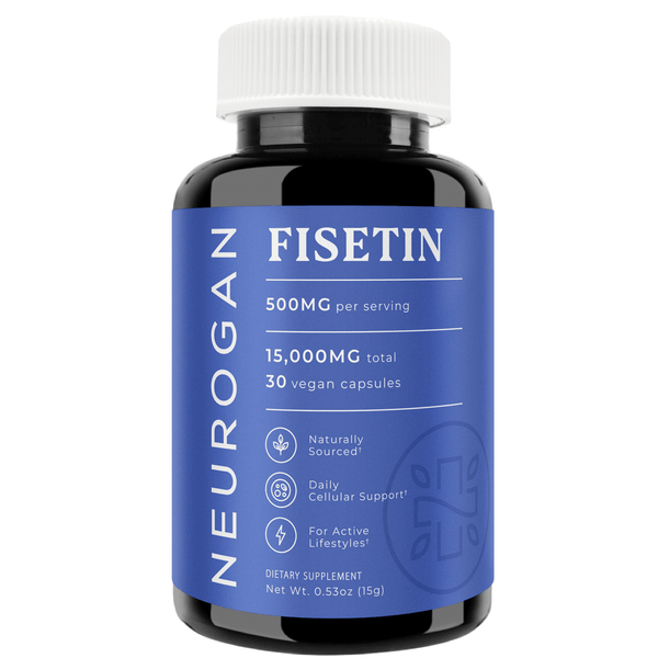 Neurogan Health Fisetin capsules in a bottle, dietary supplement for supporting brain health and aging.