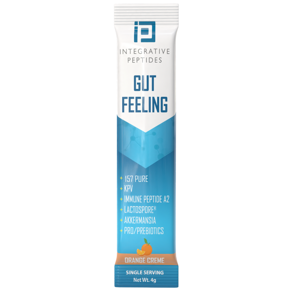 Gut Feeling Peptides Stick Packs Orange Creme by Integrative Peptides, orange creme flavored peptide sachet packs, 45 count.