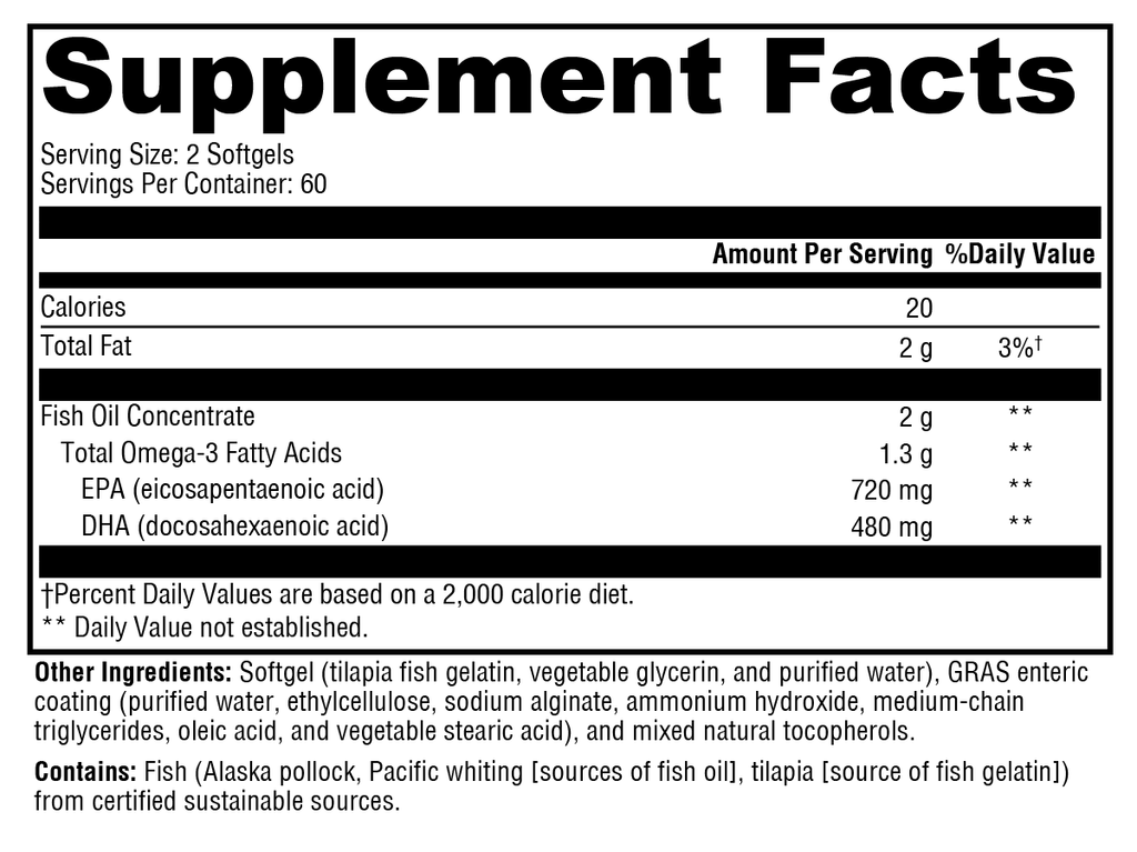 Bottle of XYMOGEN OmegaPure 600 EC™ 120 softgels with clear label showing softgel capsules inside.