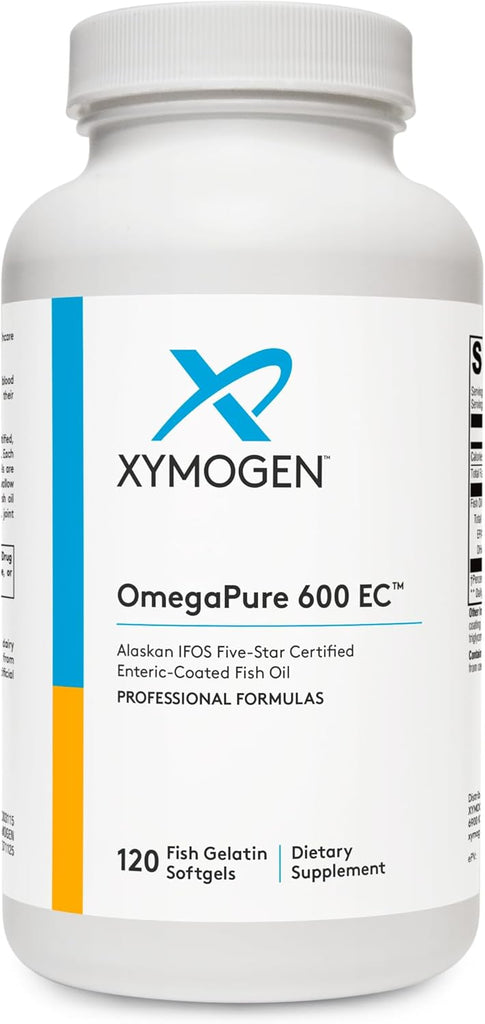 Bottle of XYMOGEN OmegaPure 600 EC softgels containing 120 omega-3 fatty acid softgels, with label details visible.