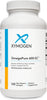 Bottle of XYMOGEN OmegaPure 600 EC softgels containing 120 omega-3 fatty acid softgels, with label details visible.