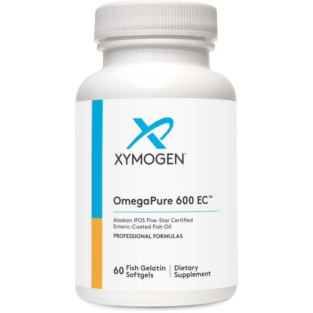 Bottle of XYMOGEN OmegaPure 600 EC™ 60 softgels, omega-3 supplement in clear softgel capsules with label.