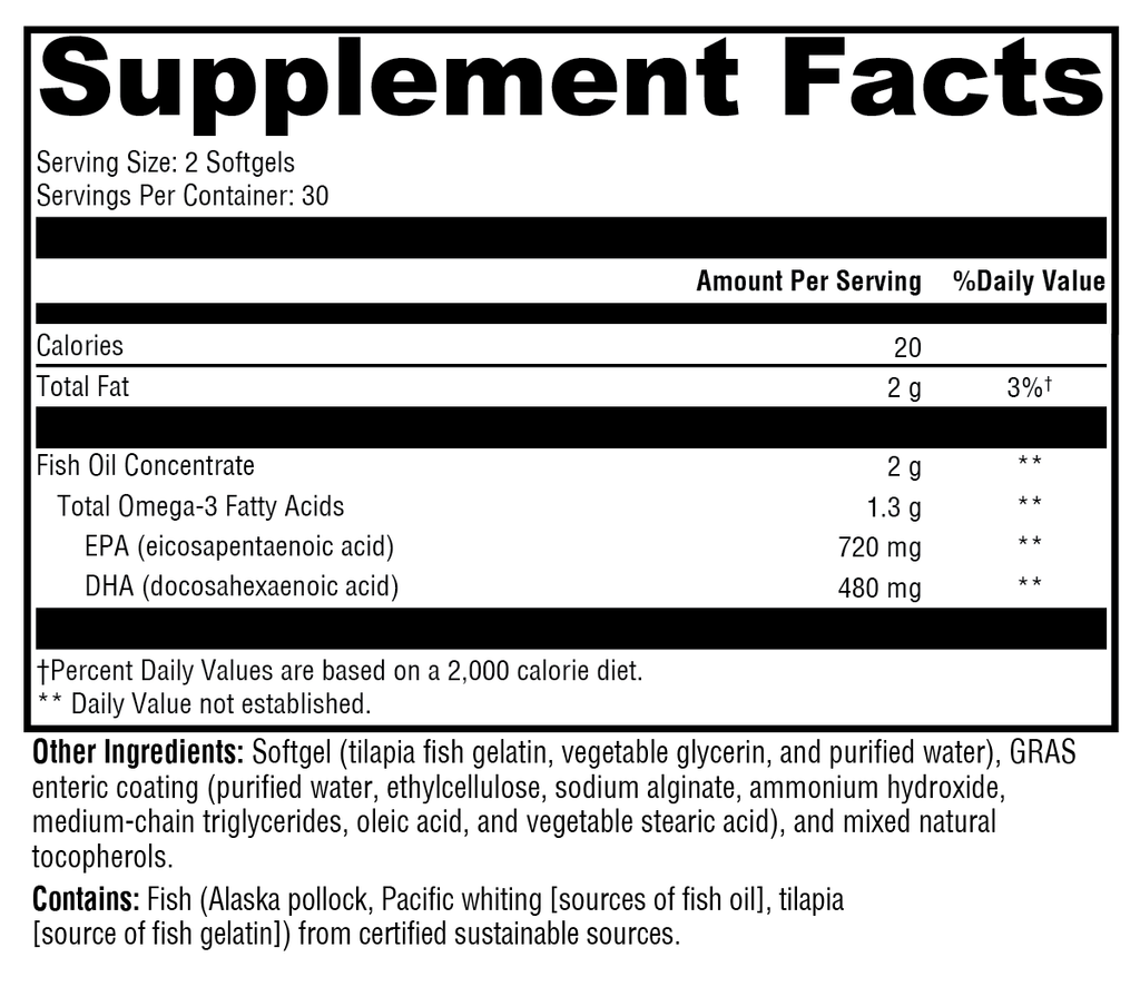 XYMOGEN OmegaPure 600 EC softgels, a bottle of 60 fish oil capsules with clear label and softgel capsules visible.