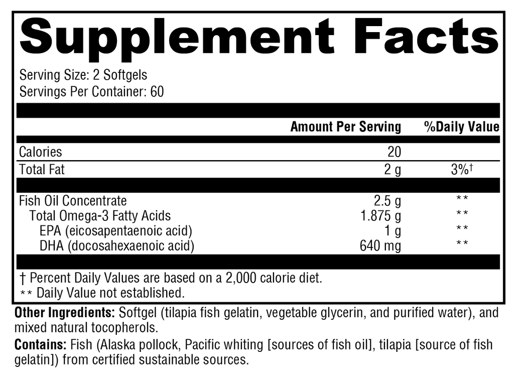 XYMOGEN OmegaPure 820™ softgel bottle with 120 omega-3 softgels in clear container, showing the label and softgel capsules inside.