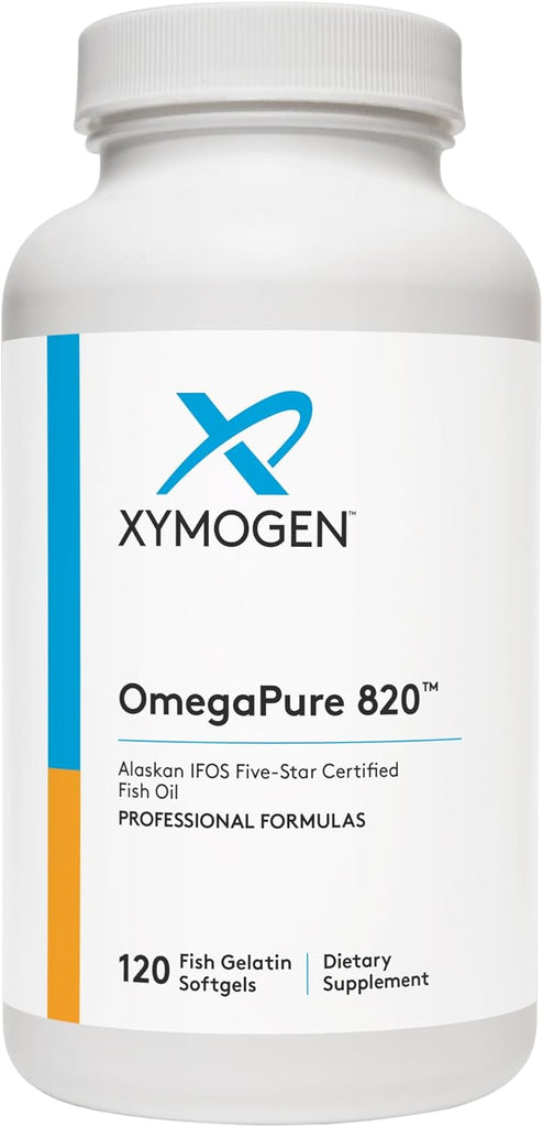 Bottle of XYMOGEN OmegaPure 820™ 120 softgel capsules with clear label showing softgels inside.