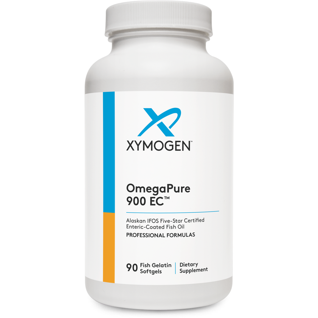 Bottle of XYMOGEN OmegaPure 900 EC™ softgels containing 90 fish oil capsules for omega-3 fatty acids.