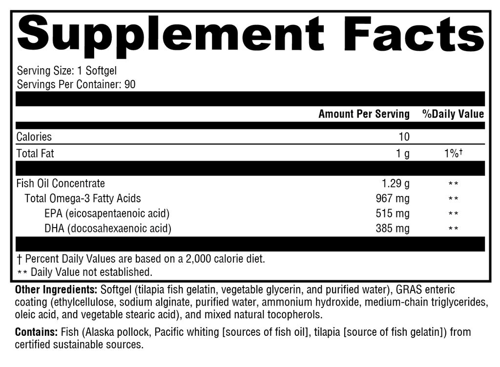 XYMOGEN OmegaPure 900 EC softgels, a bottle of 90 high-quality omega-3 supplement softgel capsules.