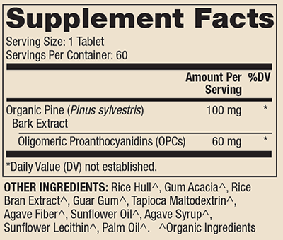 Organic Pine Bark Extract 60 tablets from Dr. Mercola, showing the supplement bottle with tablets inside and natural packaging.