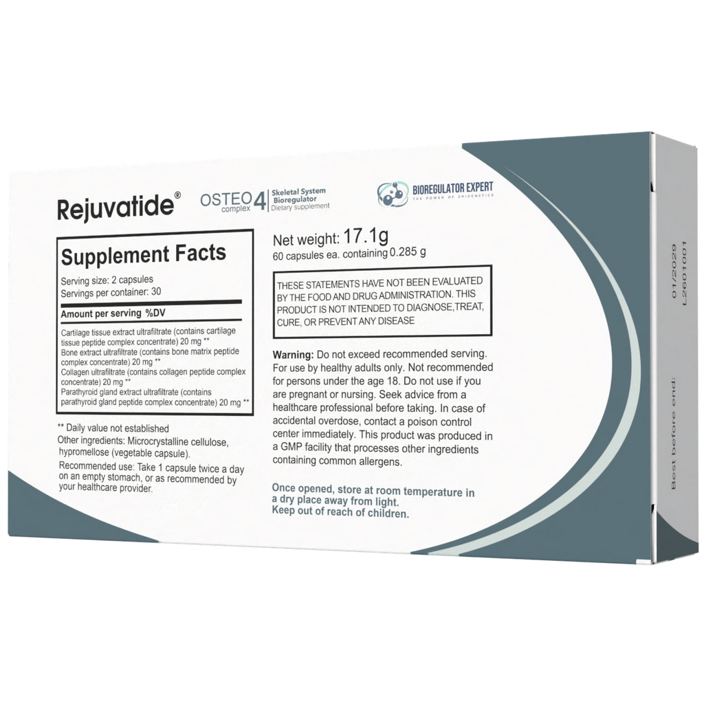 Osteo Complex skeletal system bioregulator capsules by Integrative Peptides, showing a close-up of the product bottle and capsules.
