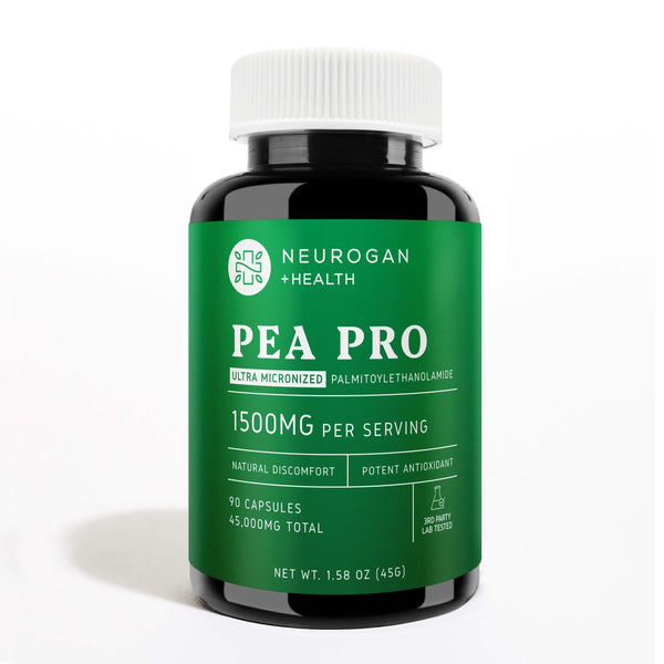 Neurogan Health PEA Pro Capsules bottle with label, front view, showcasing supplement packaging for mental health support.