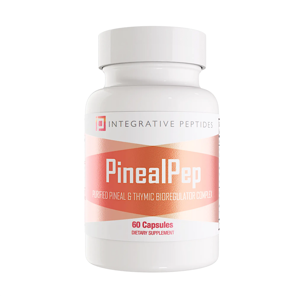Bottle of PinealPep 60 capsules by Integrative Peptides, showing the supplement container with label details.