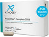 ProbioMax Complete 350B probiotic supplement by XYMOGEN, showing bottles of capsules with label and packaging design.