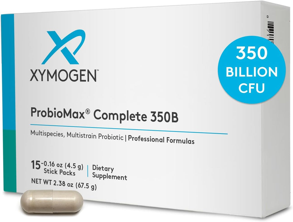 ProbioMax Complete 350B probiotic supplement by XYMOGEN, showing bottles of capsules with label and packaging design.