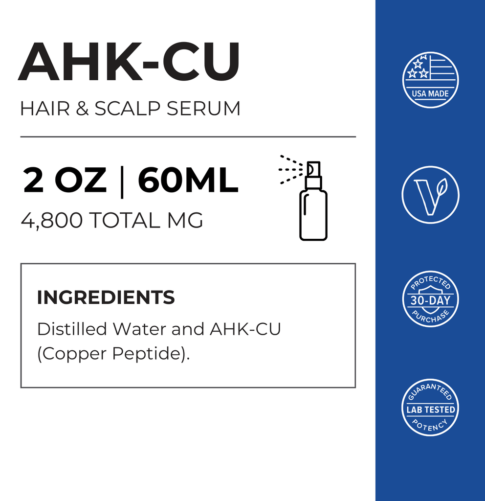 Neurogan Health AHK-Cu Peptide Hair Elixir 4800mg bottle with scalp serum applicator and ingredient list visible.