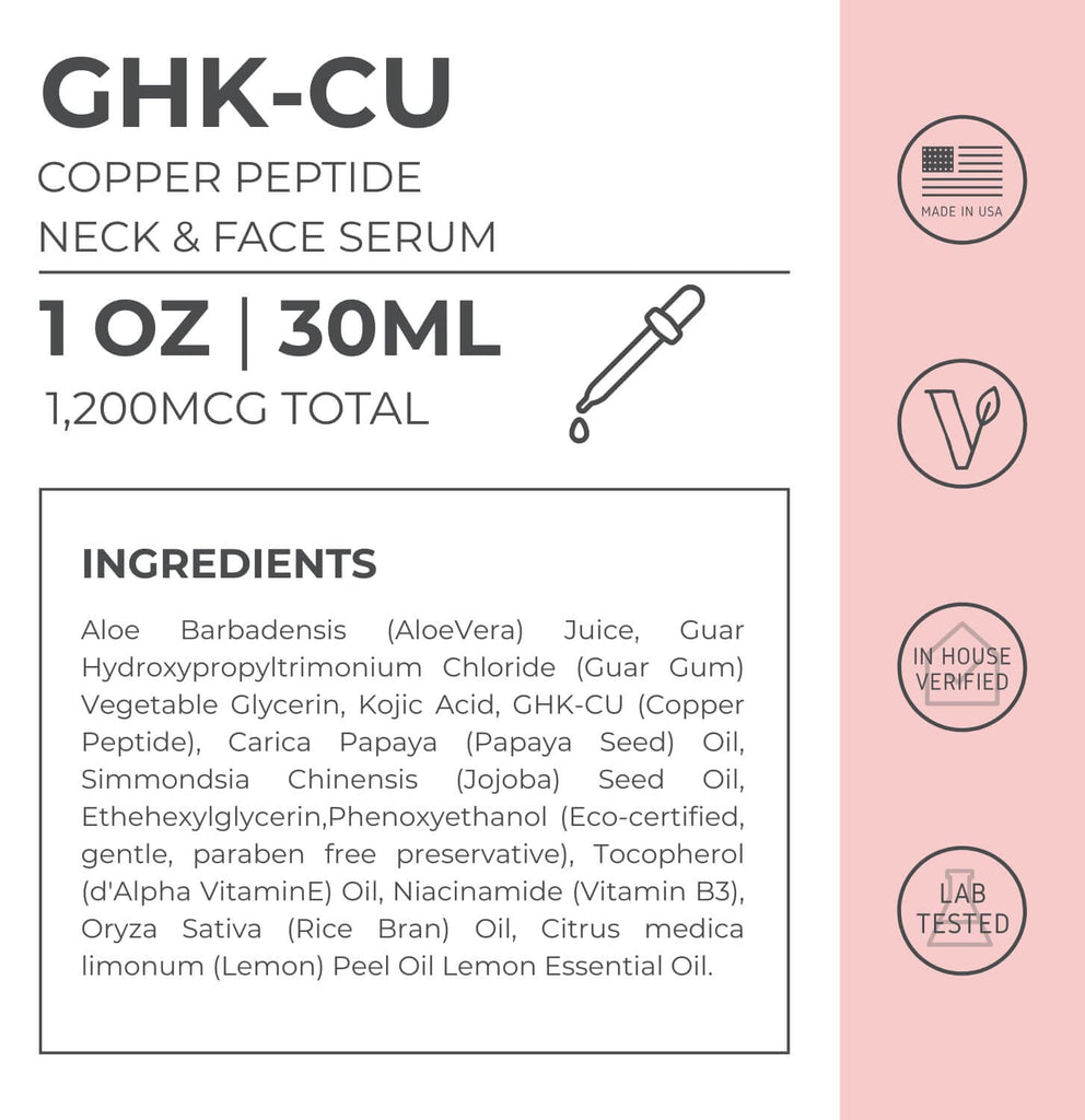 Neurogan Health GHK-Cu Copper Peptide serum bottle for neck and face, with dropper, showcasing the serum's packaging and design.