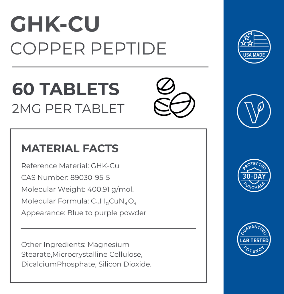 Neurogan Health GHK-Cu Copper Peptide Tablets bottle with label showing tablets and product details.