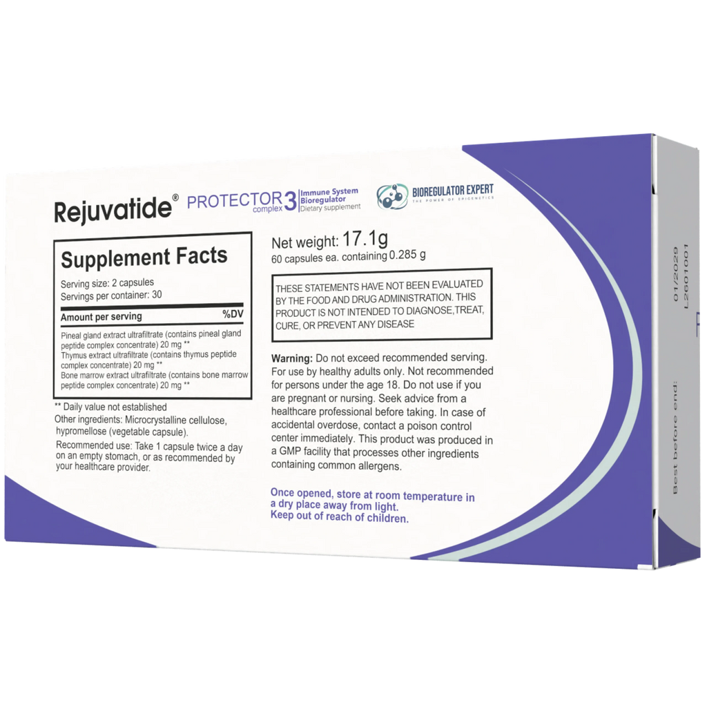 Protecto-Back-scaled bottle of Integrative Peptides Protector Complex immune system bioregulator capsules in clear container