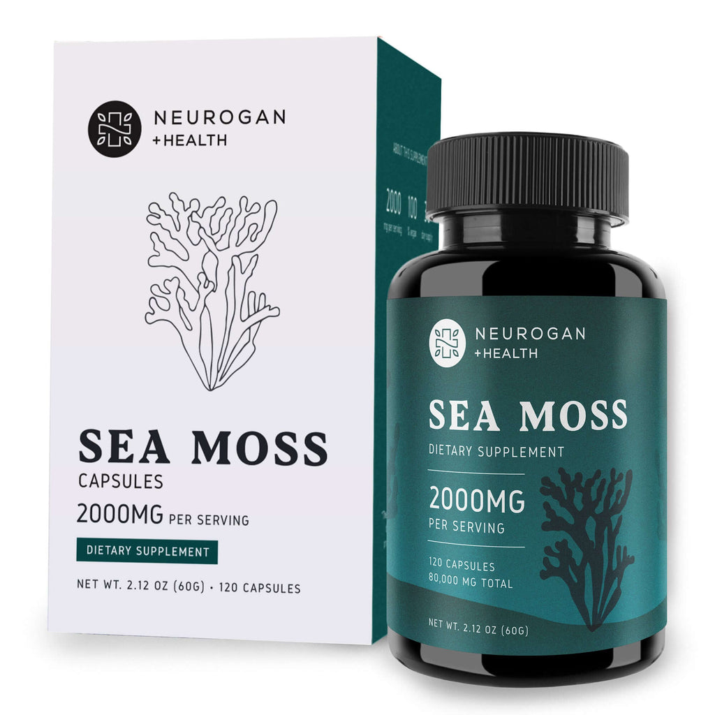 Neurogan Health Sea Moss Capsules in bottle and box, dietary vitamins and supplements for immune support and overall health.