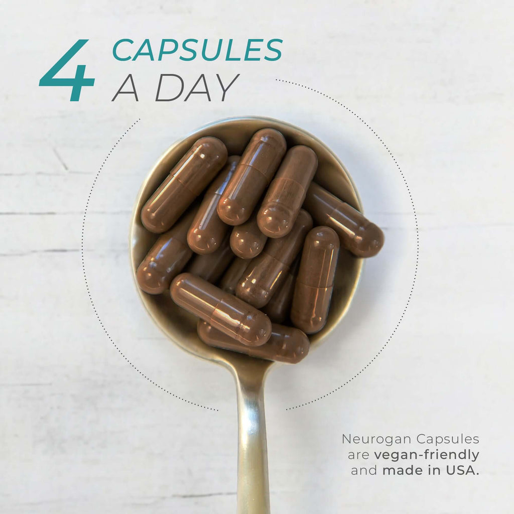 Neurogan Health sea moss capsules in a bottle, showing the supplement's dosage and soft gel form for immune support.