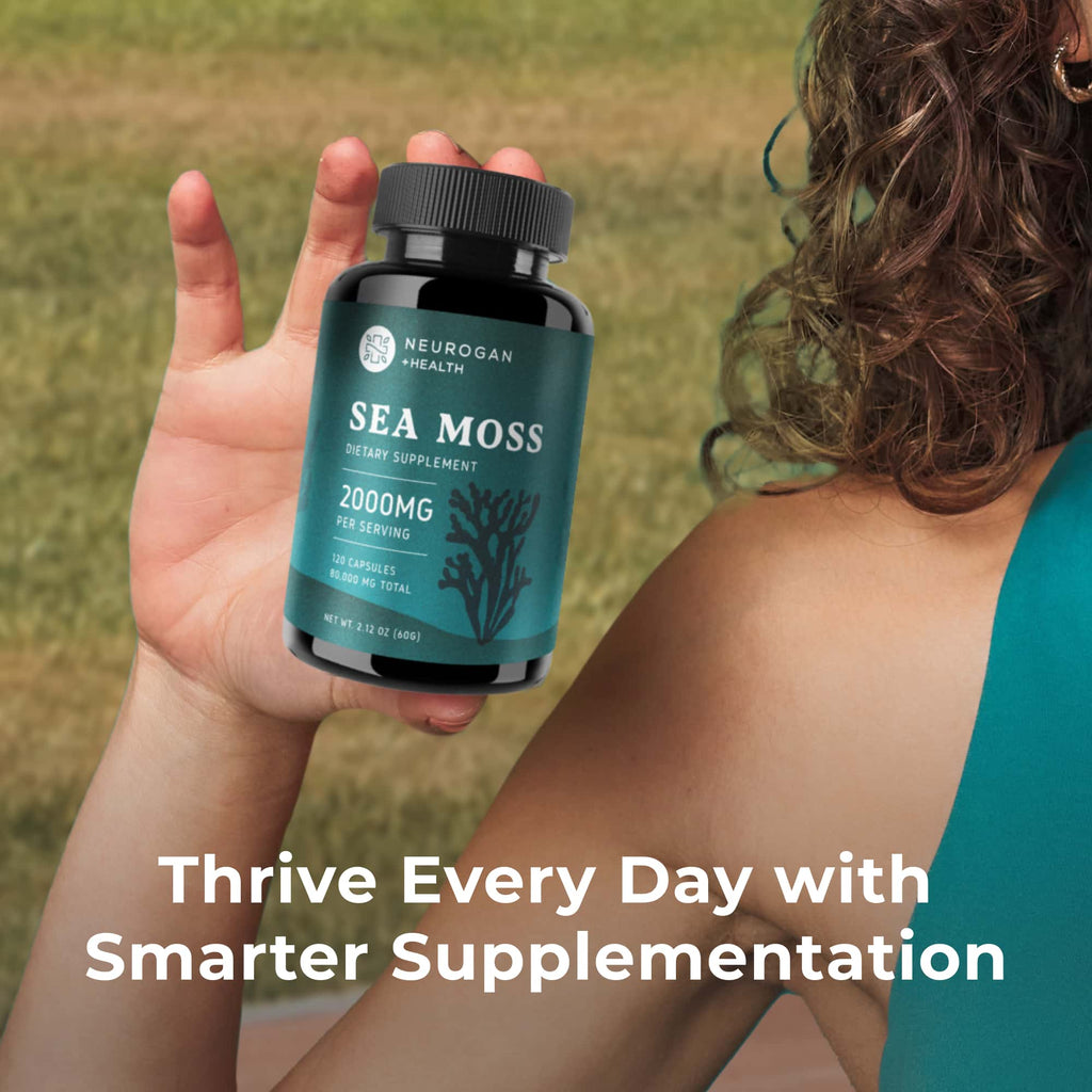 Neurogan Health sea moss capsules in a bottle, showcasing natural supplement packaging and fresh sea moss in a lifestyle setting