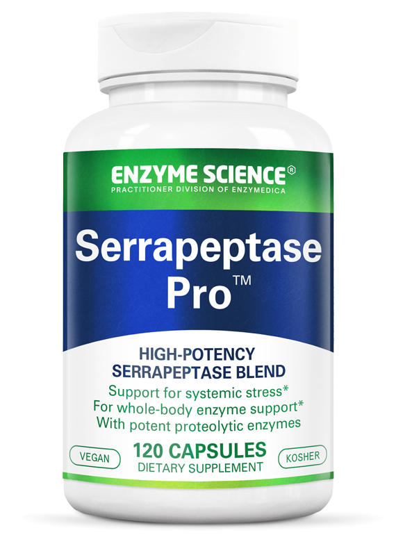 Bottle of Enzyme Science Serrapeptase Pro 120 capsules with labels and capsules visible, designed for enzyme supplement support.