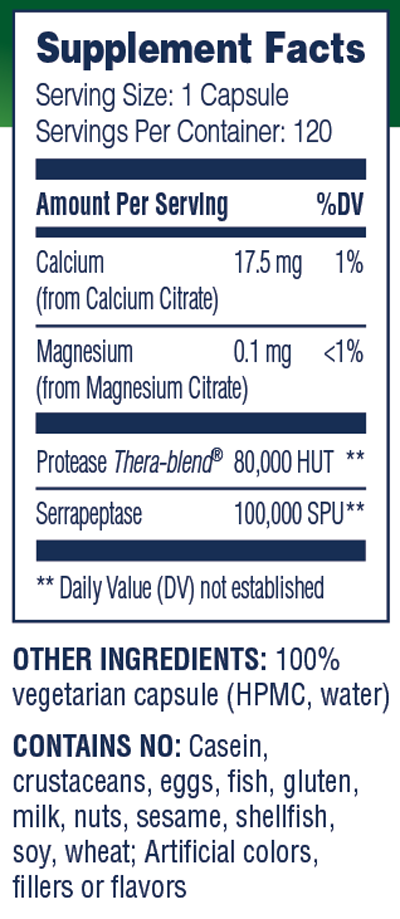 Enzyme Science Serrapeptase Pro 120 capsules bottle with label, showing supplement capsules in blister pack.