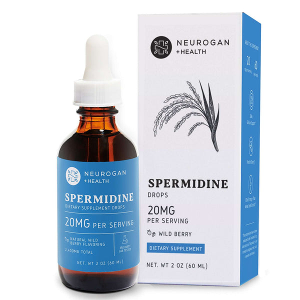 Neurogan Health spermidine drops bottle and box, dietary supplement for cellular health and longevity.