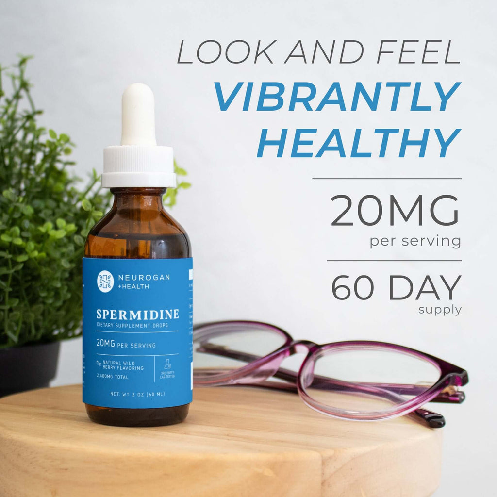 Neurogan Health Spermidine Drops in a glass dropper bottle, showing the product label and dropper for dosage.