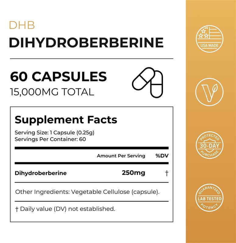 Dihydroberberine capsules from Neurogan Health, dietary supplement in a clear gel cap bottle, used for health and wellness.