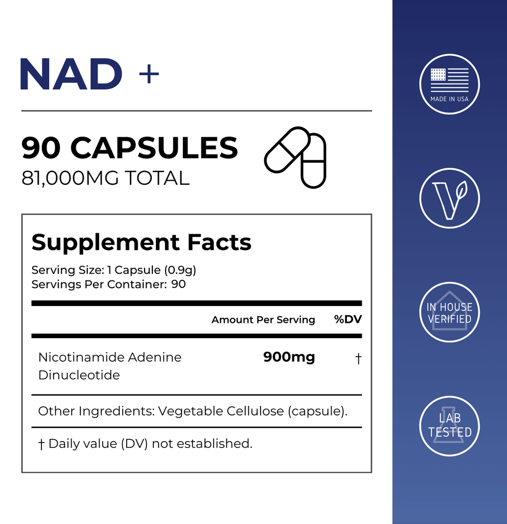 Neurogan Health NAD+ capsules supplement facts label showing vitamin and supplement information for NAD+ vitamins and supplements.