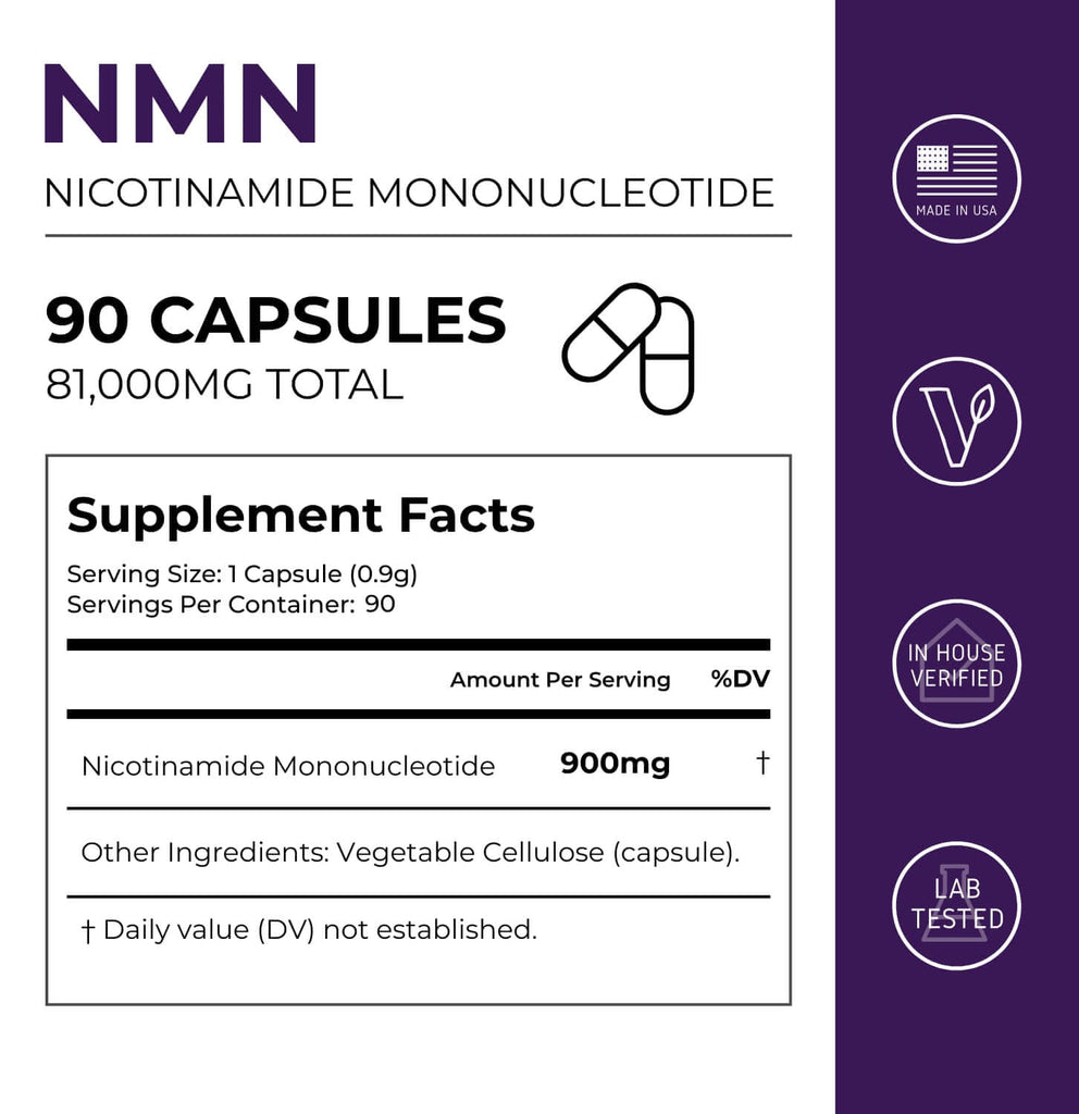 Neurogan Health NMN Capsules 900mg supplement facts label with white capsules and detailed nutritional information.