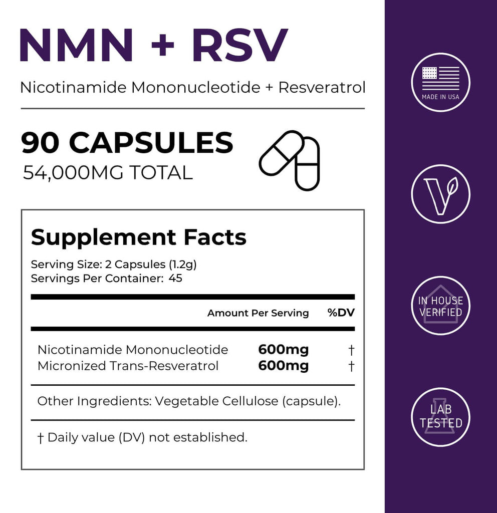 Neurogan Health NMN and Resveratrol capsules supplement facts label showing capsules and nutritional information.