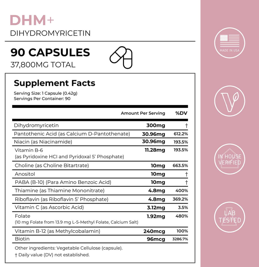 Supplement facts label for Neurogan Health Dihydromyricetin Capsules (DHM) showing ingredient details and nutritional information.