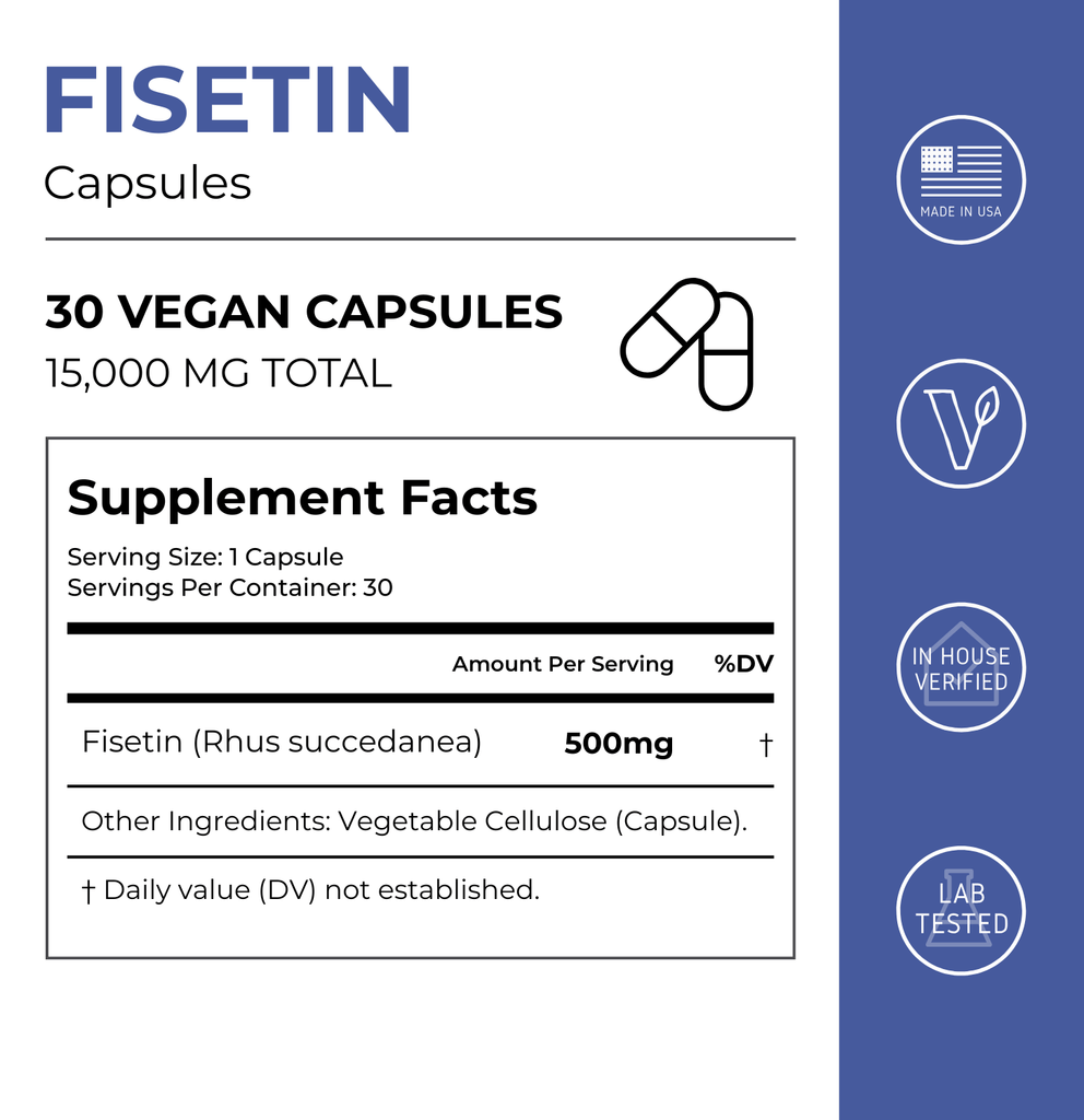 Neurogan Health Fisetin Capsules supplement facts label showing ingredients and nutritional information.