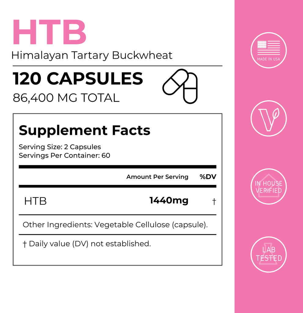 Neurogan Health Himalayan Tartary Buckwheat (HTB) capsules supplement facts label showing nutritional information and ingredient details.