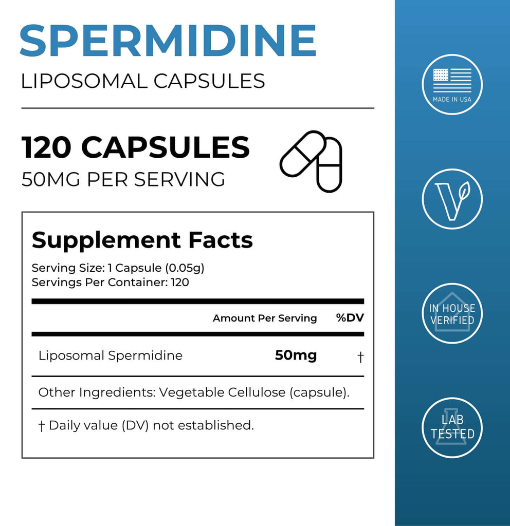Liposomal Spermidine capsules from Neurogan Health, supplement facts label, showing vitamin and supplement details.