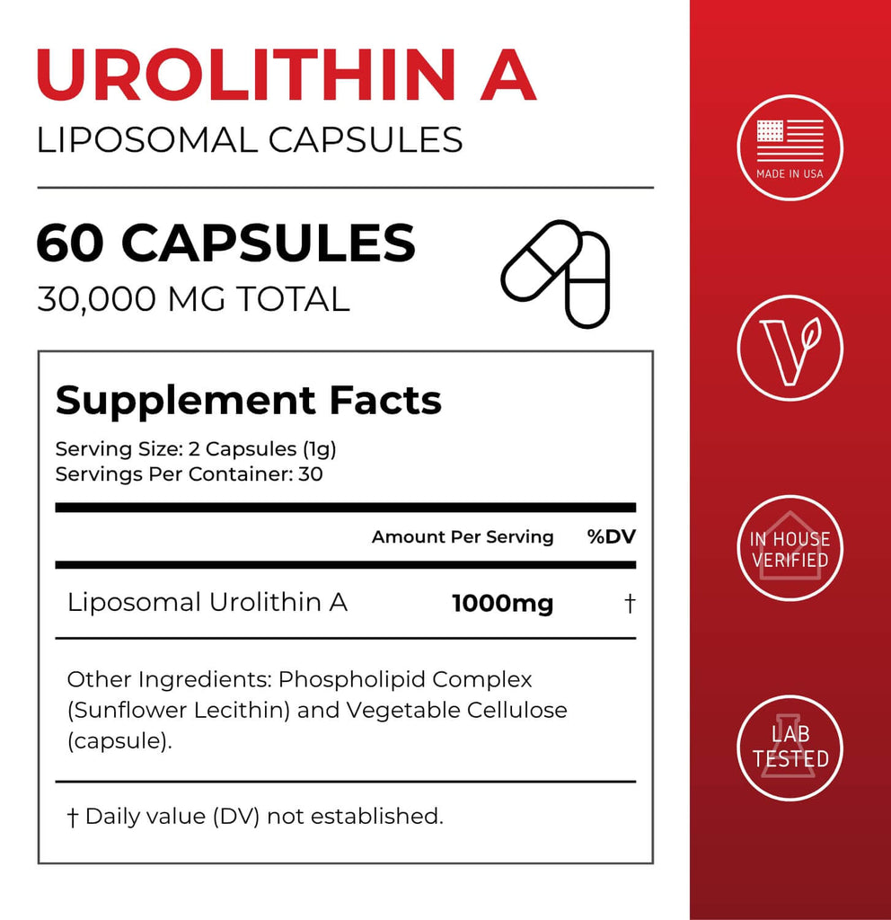 Liposomal Urolithin A capsules from Neurogan Health, showing supplement facts label for vitamins and supplements.